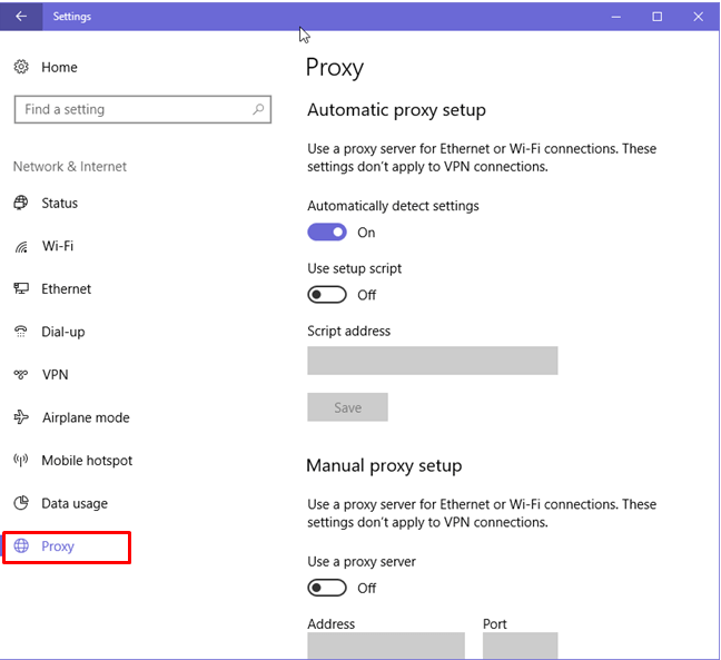 Network & Internet, choose Proxy from the list of items on the left.